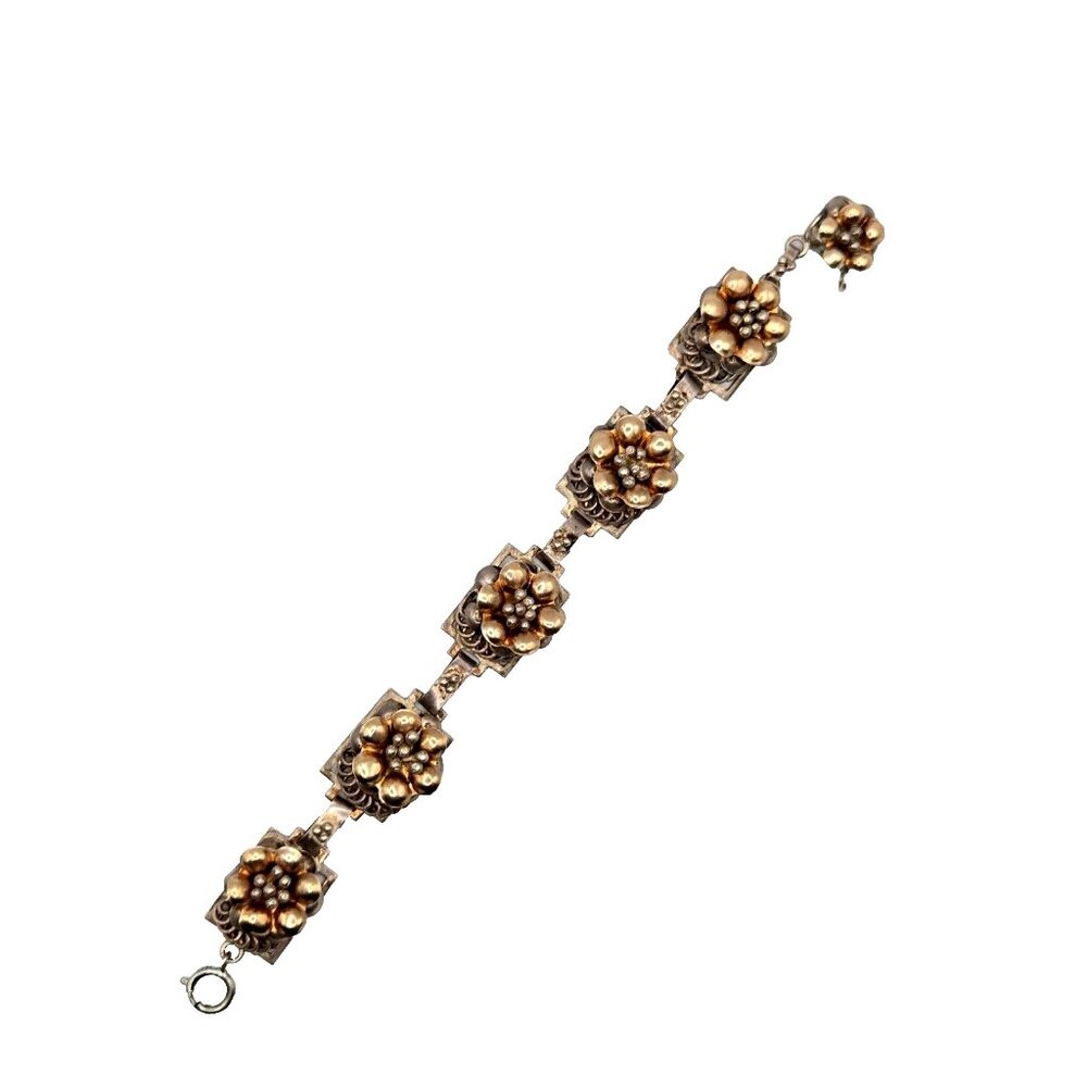 Vintage Hobe Signed Floral 14K Gold Plated and Sterling Silver Bracelet